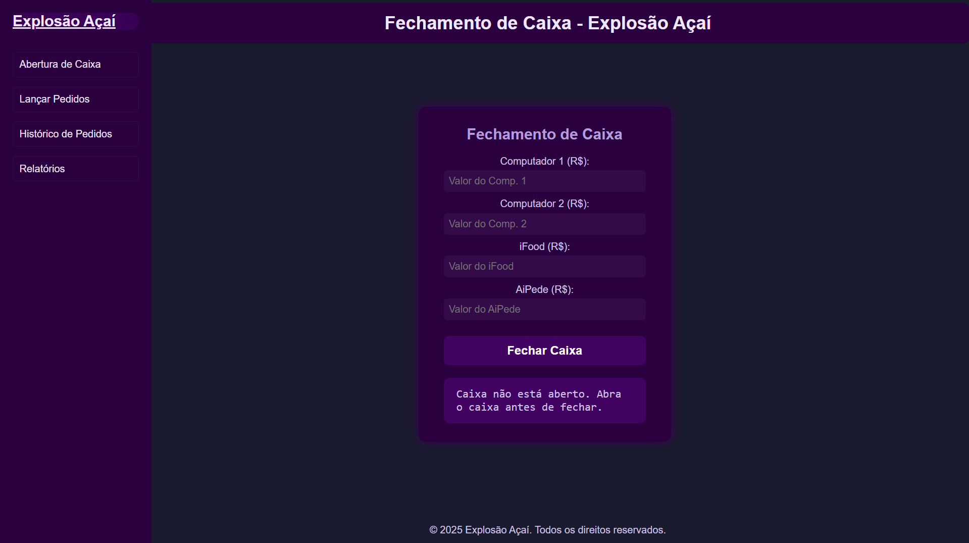 Tela de fechamento de caixa